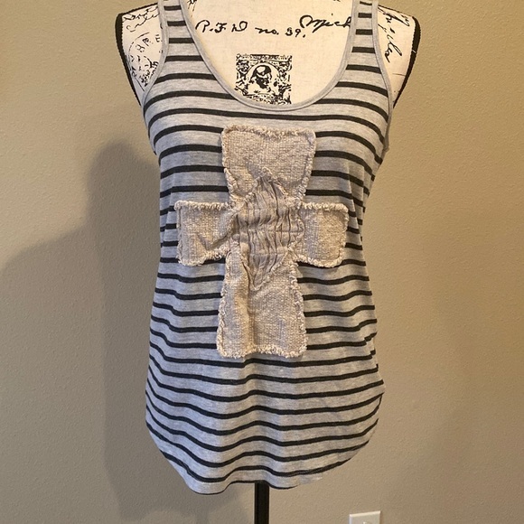 Tops - Black and grey striped cross tank